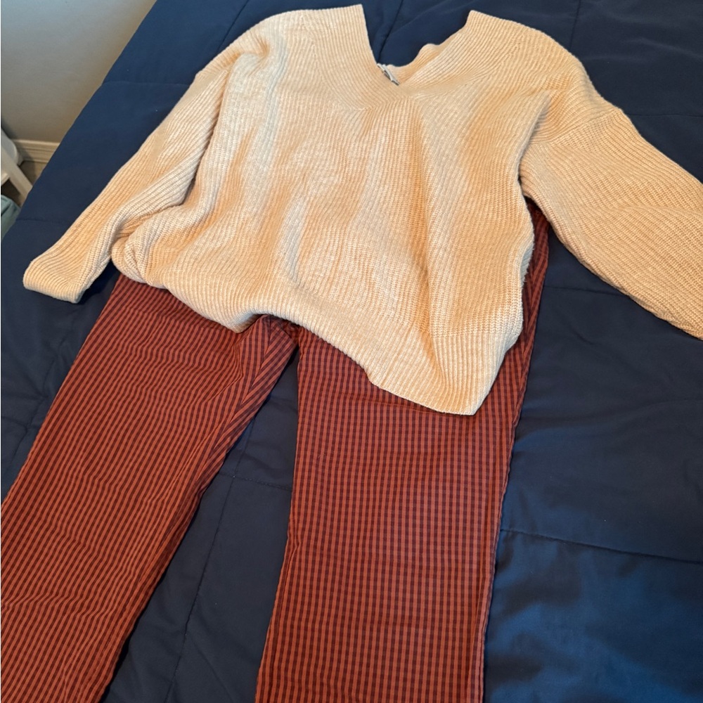 Beige Sweater and Striped Pants Set